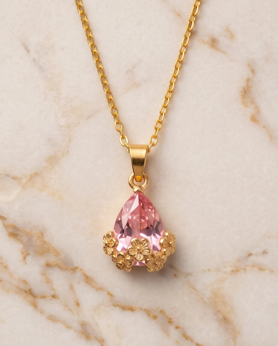 Gold Pink Teardrop Floral Basket Pendant Necklace