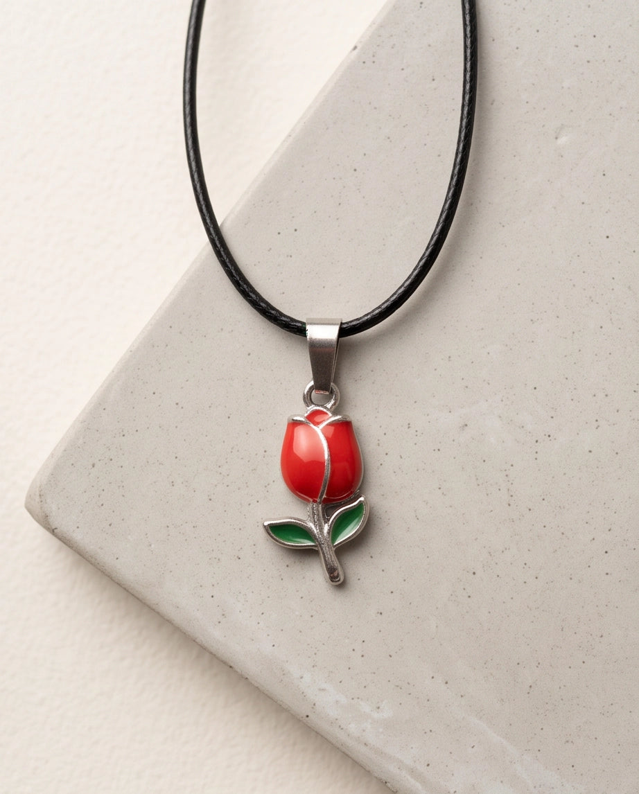 Silver Red Enamel Tulip Pendant Necklace