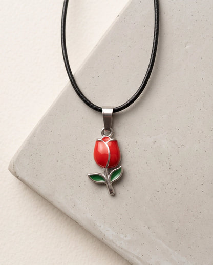 Silver Red Enamel Tulip Pendant Necklace
