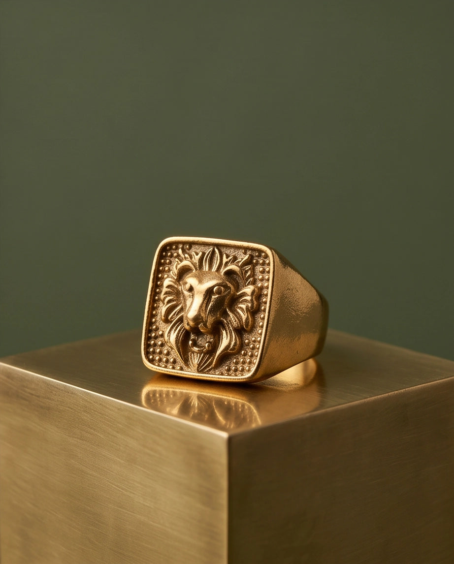 Sovereign Lion Stippled Cushion Signet Ring