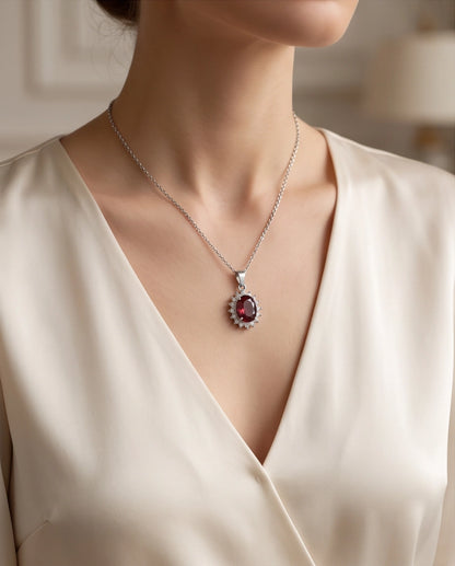 Silver Ruby Red Oval Halo Medallion Pendant Necklace