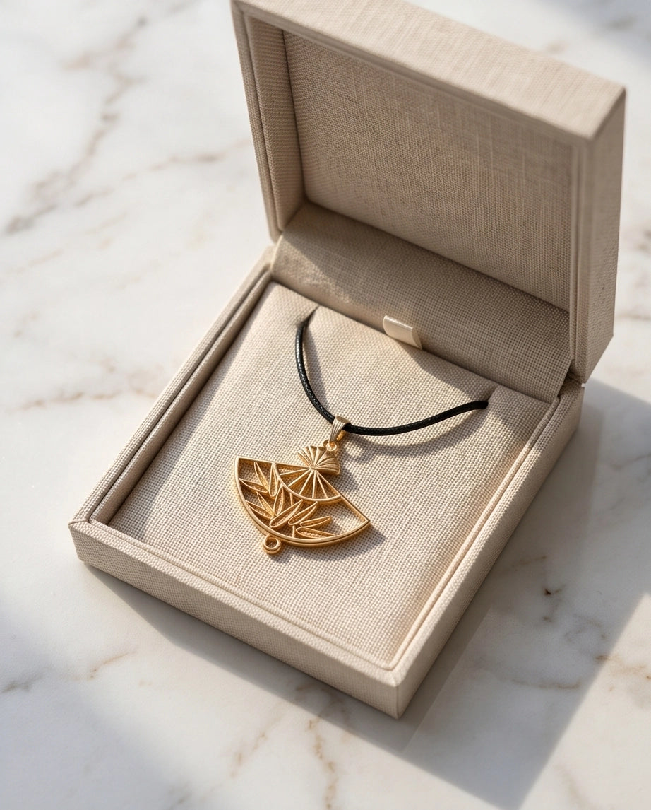 All-Gold Bamboo Fan Pendant Necklace