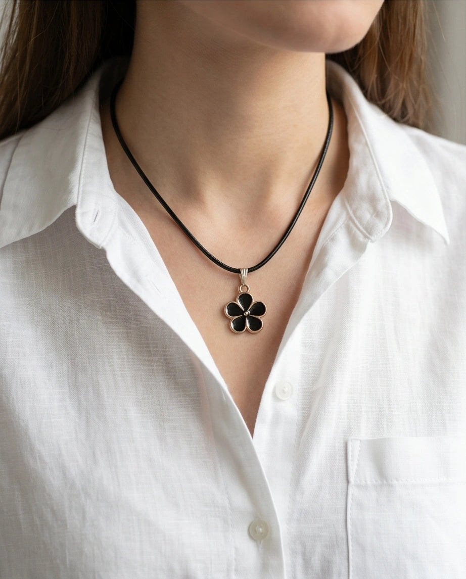 Gold and Black Flower Pendant Necklace
