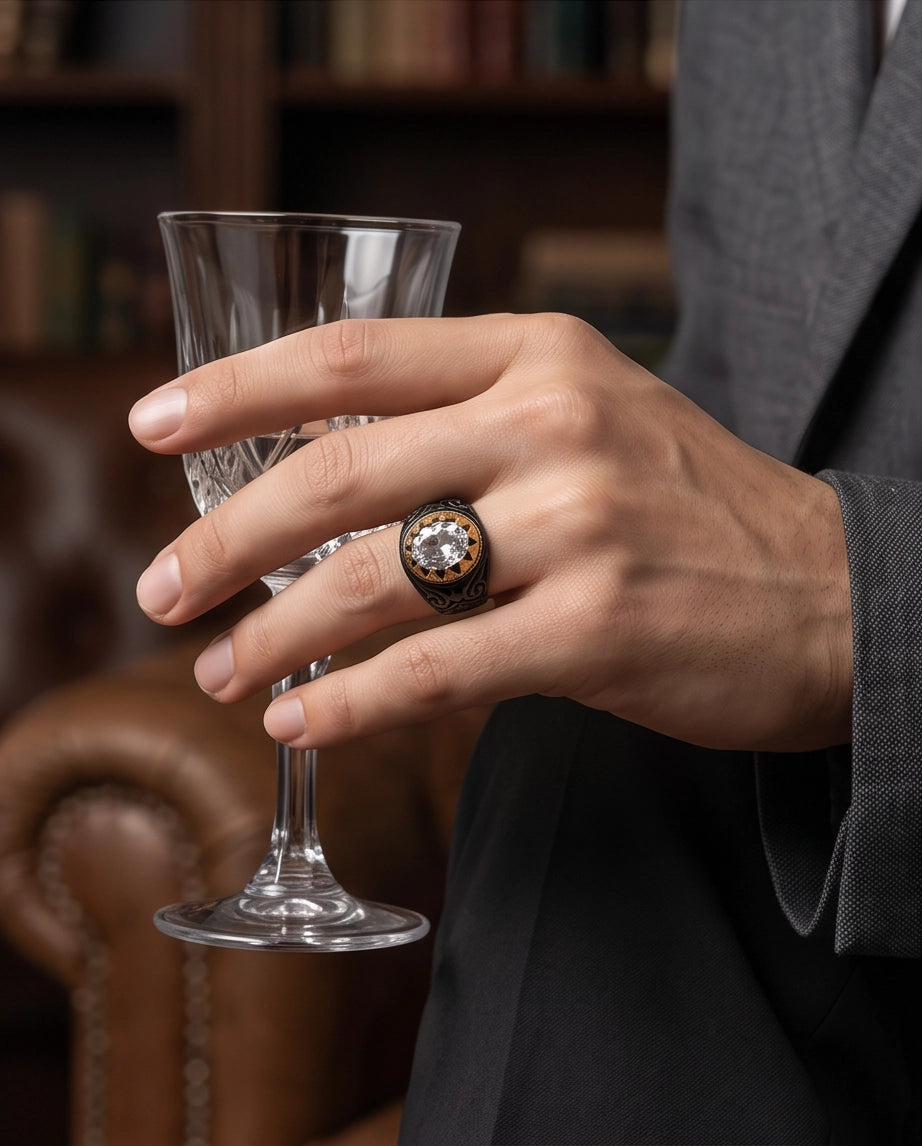 Celestial Solstice Diamond-Cut Signet Ring