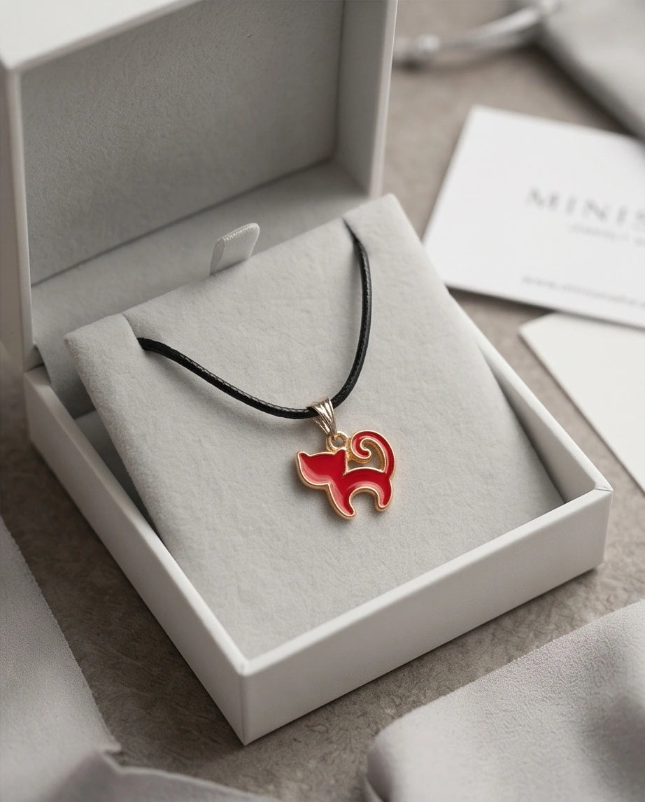 Gold and Red Cat Pendant Necklace