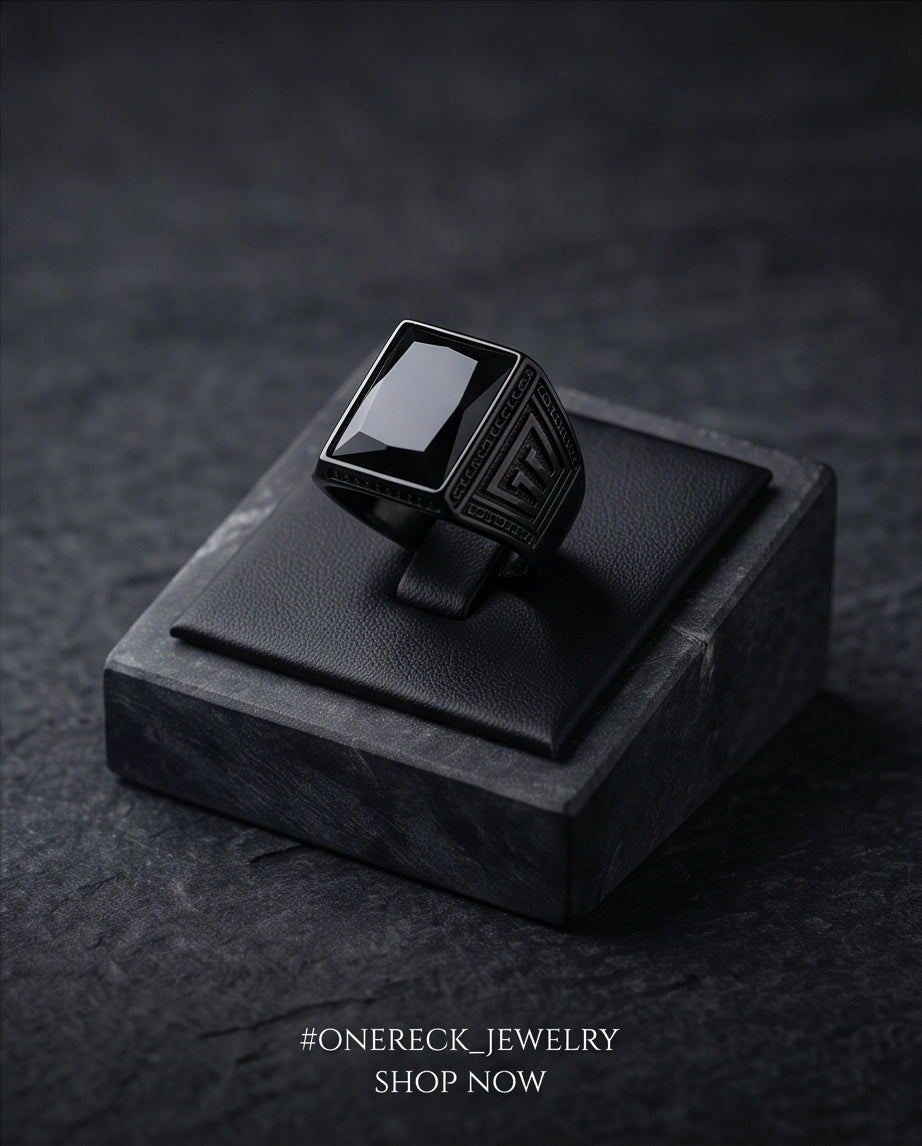 Jet Black Emerald-Cut Onyx Geometric Architectural Silver Ring