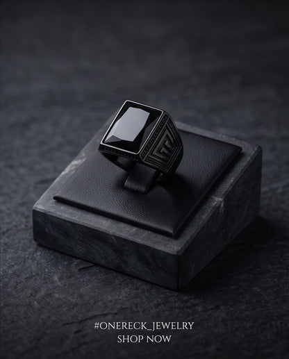 Jet Black Emerald-Cut Onyx Geometric Architectural Silver Ring