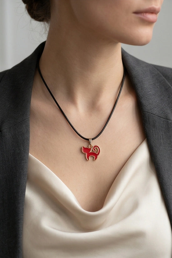 Gold and Red Cat Pendant Necklace