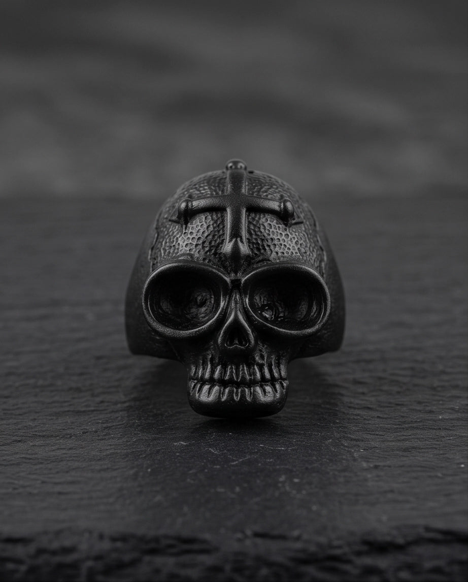 Matte Black Gothic Cross-Embossed Anatomical Skull Ring