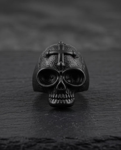 Matte Black Gothic Cross-Embossed Anatomical Skull Ring