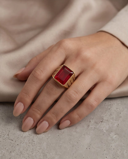 Ruby Red Emerald-Cut Gemstone Beaded Bezel Greek Key Gold Ring