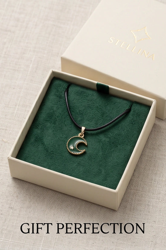 Gold and Green Crescent Moon and Star Necklace