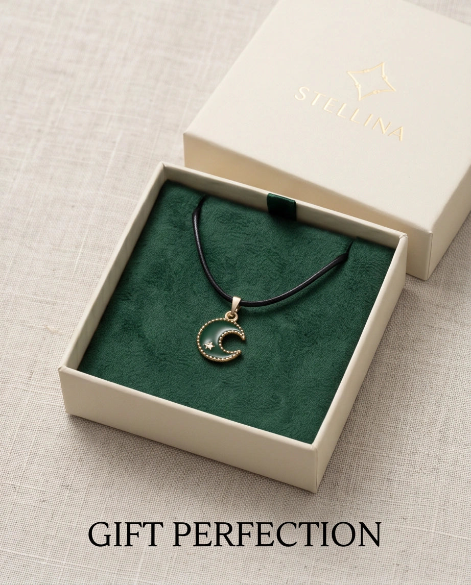 Gold and Green Crescent Moon and Star Necklace