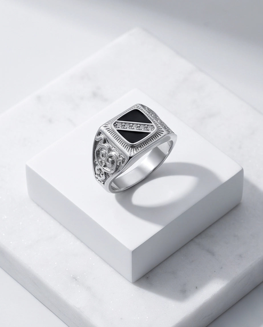 Onyx-Inlay Channel Pavé Diagonal Striped Filigree Silver Ring