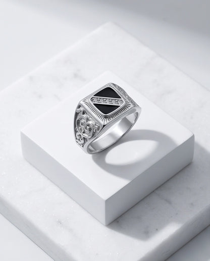 Onyx-Inlay Channel Pavé Diagonal Striped Filigree Silver Ring