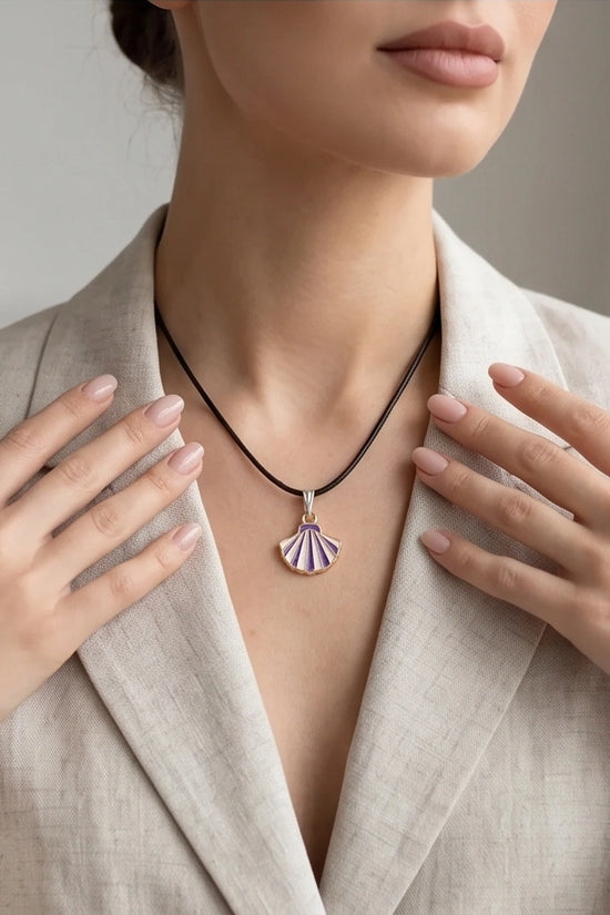 Striped Purple and White Seashell Enamel Pendant Necklace