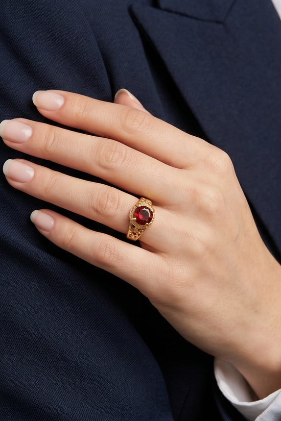 Golden Crimson Halo Filigree Ring
