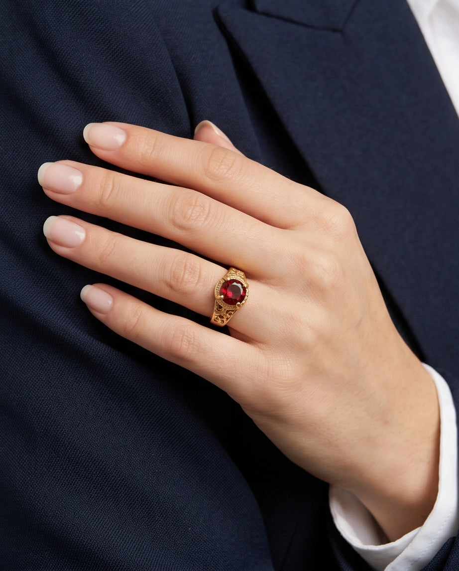 Golden Crimson Halo Filigree Ring