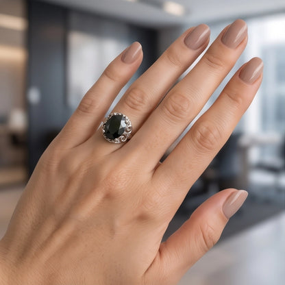 Silver Oval Onyx Filigree Solitaire Ring