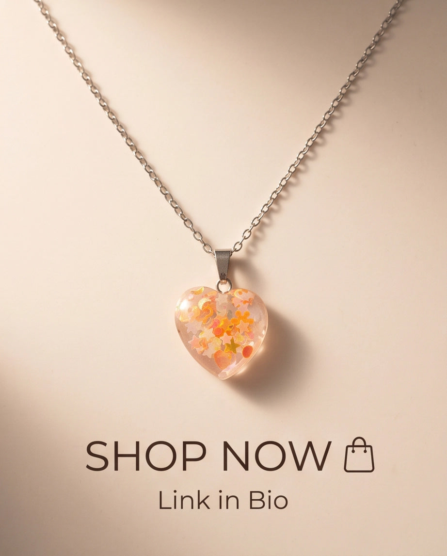 Silver Peach Orange Glitter Heart Resin Pendant Necklace