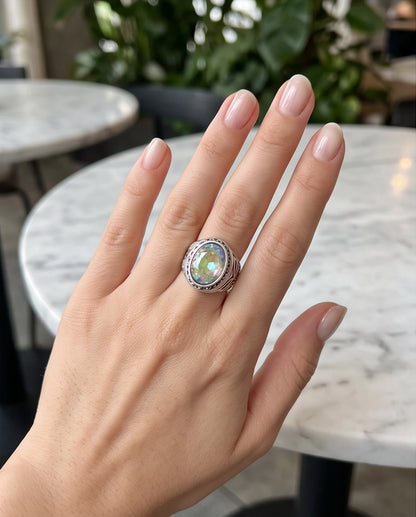 Mystic Rainbow Iridescent Oval-Cut Gemstone Ornate Bezel Silver Ring