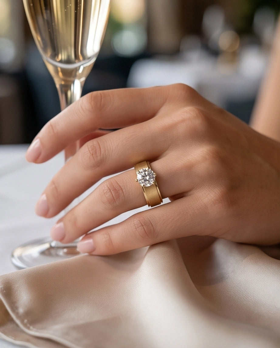 Gold Round Gemstone Brushed Solitaire Ring