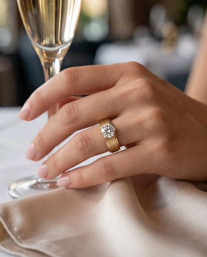 Gold Round Gemstone Brushed Solitaire Ring