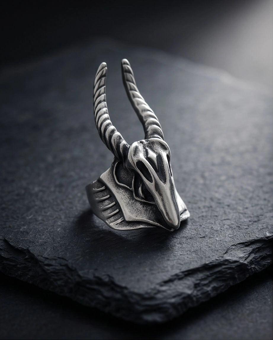 Oxidized Silver Horned Skull Sculpted Ring