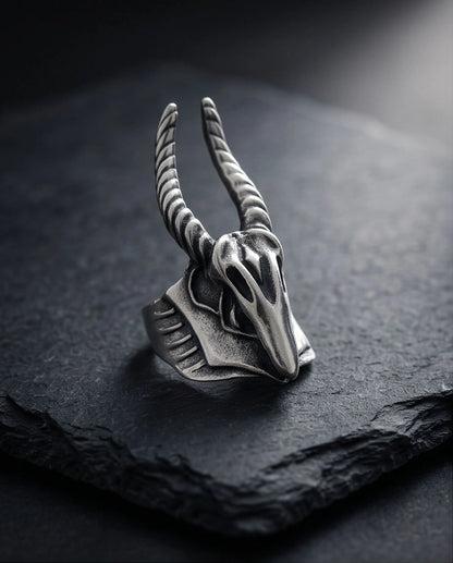 Oxidized Silver Horned Skull Sculpted Ring