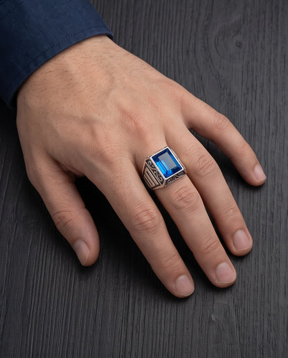 Sapphire Gemstone Rectangular Filigree Bezel Silver Ring