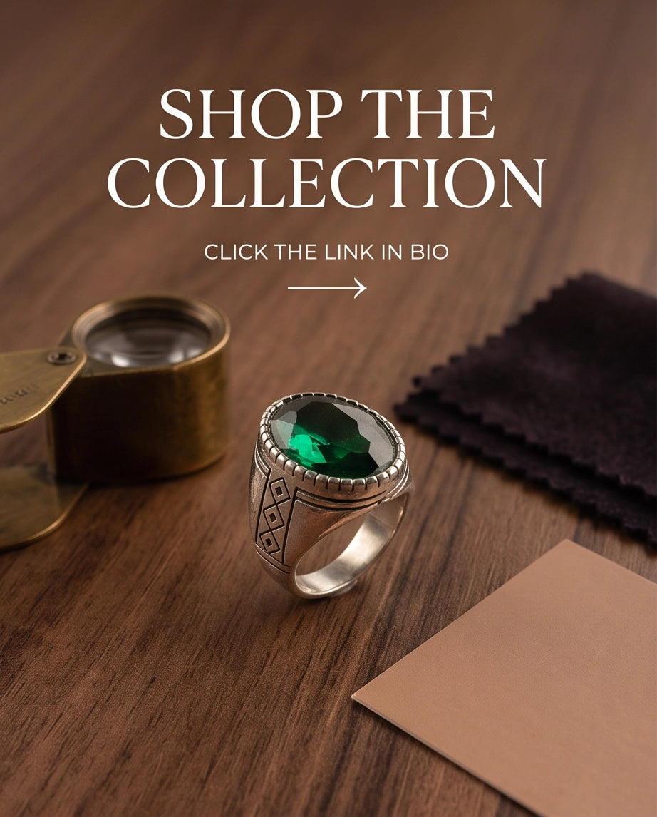 Emerald Gemstone Notched Bezel Geometric Diamond Silver Ring