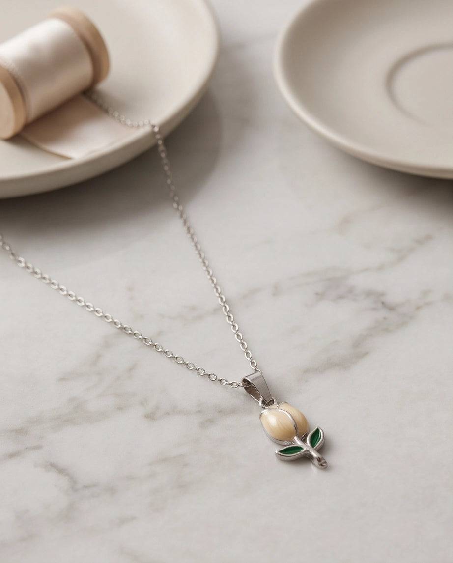 Silver Yellow Enamel Tulip Pendant Necklace