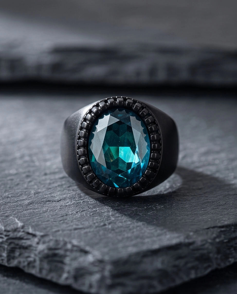 Matte Black Oval Teal Tourmaline Signet Ring