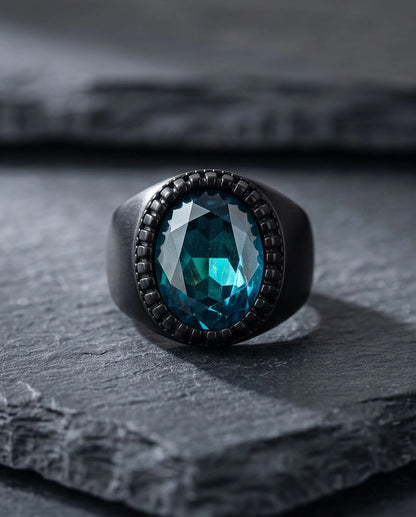 Matte Black Oval Teal Tourmaline Signet Ring