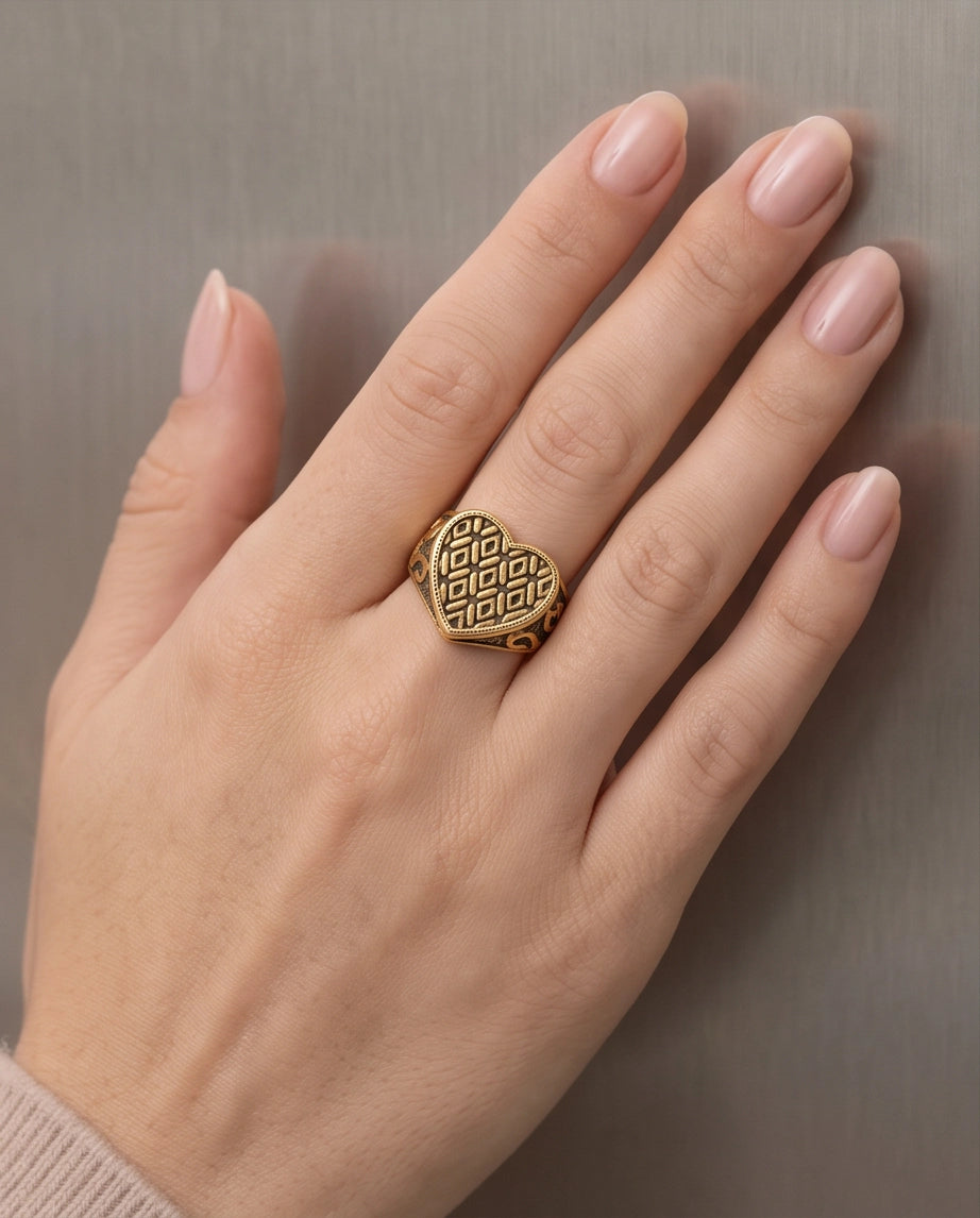 Lattice Heart Gold Signet Ring