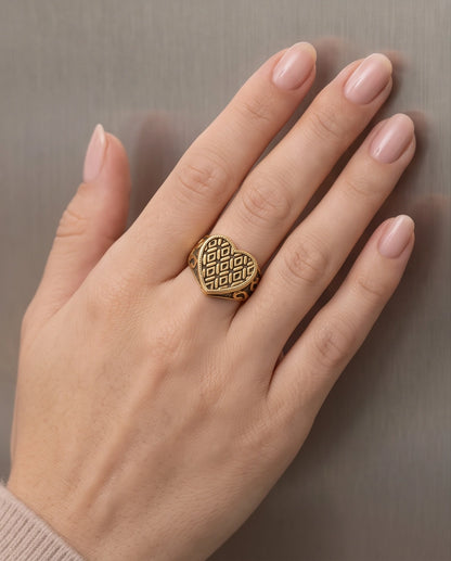 Lattice Heart Gold Signet Ring