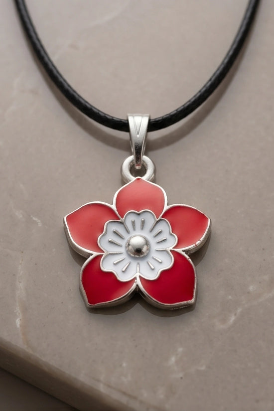 Vibrant Red and White Layered Floral Enamel Pendant Necklace