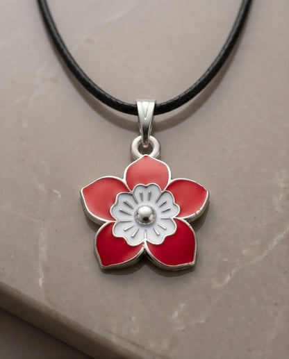 Vibrant Red and White Layered Floral Enamel Pendant Necklace