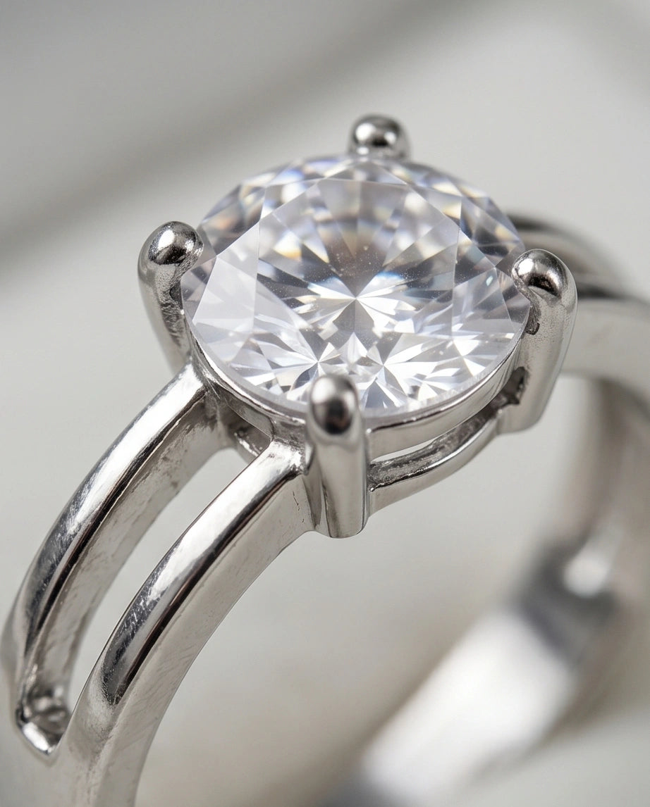 Sterling Silver Round-Cut Split Shank Moissanite Solitaire Ring