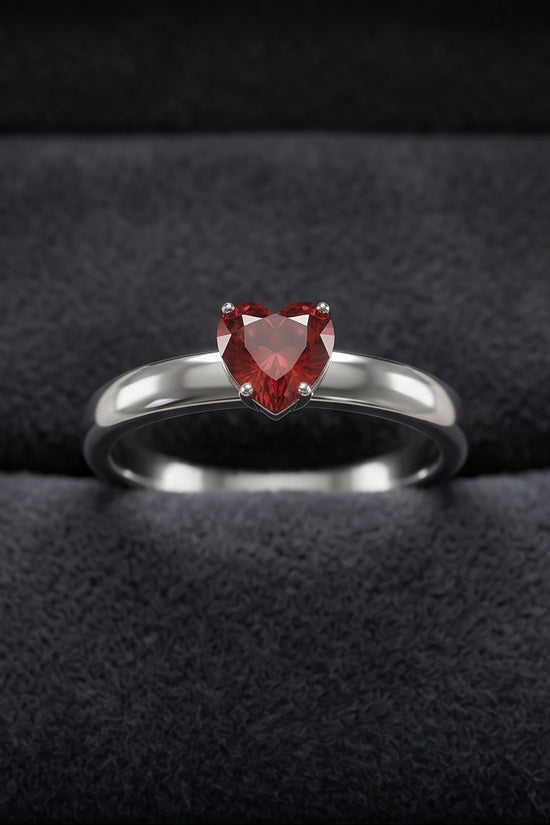 Sterling Silver Heart-Cut Red Garnet Solitaire Ring