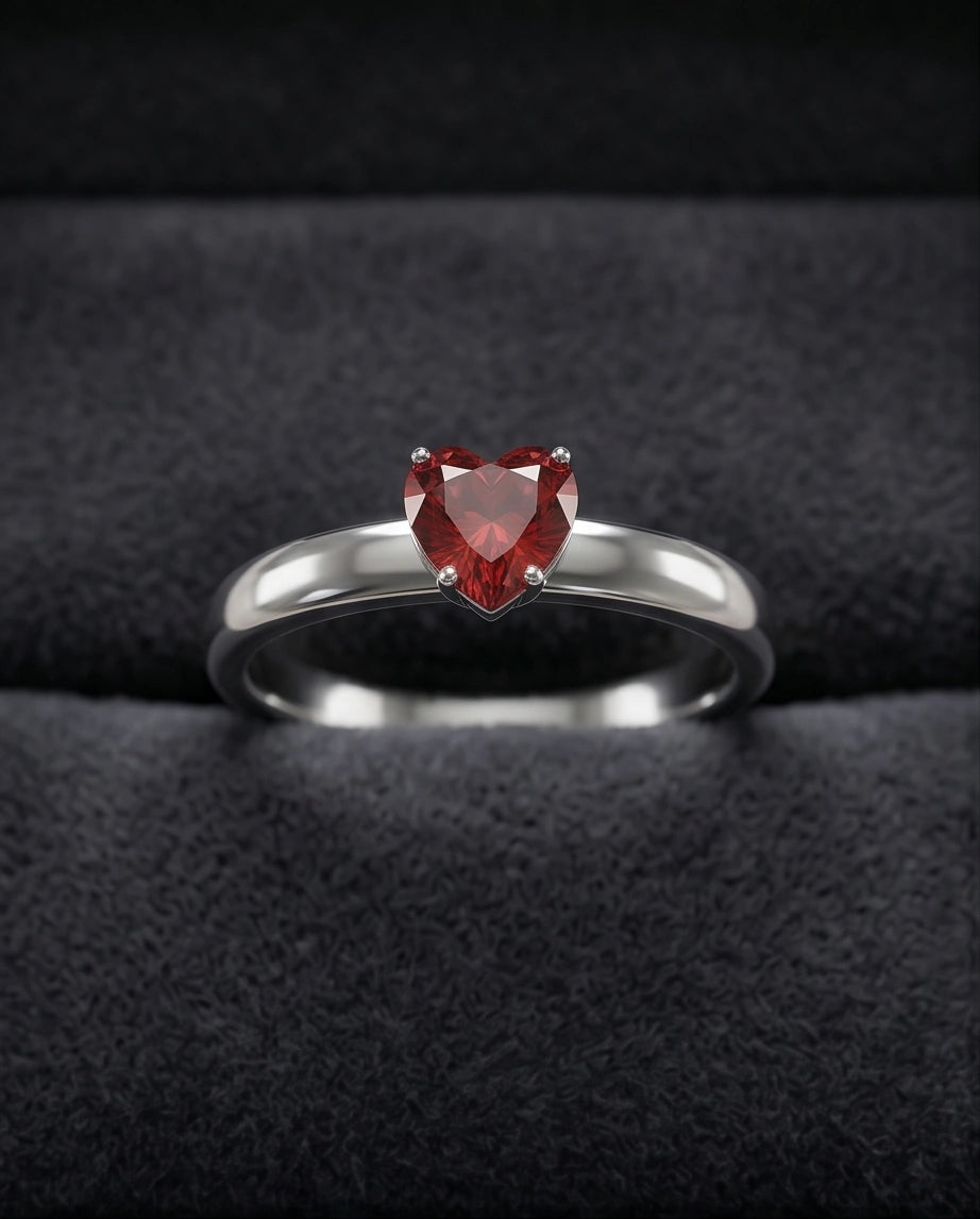 Sterling Silver Heart-Cut Red Garnet Solitaire Ring