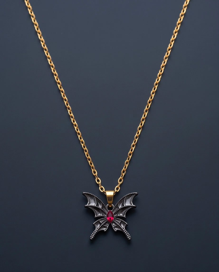 Black Bat-Wing Butterfly Red Gem Pendant Necklace