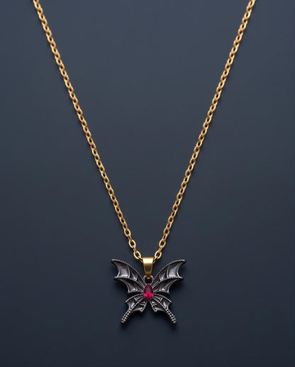 Black Bat-Wing Butterfly Red Gem Pendant Necklace