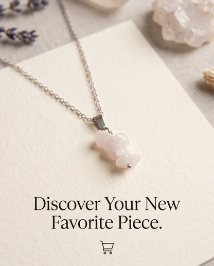 Silver Stacked Raw Rose Quartz Chip Stone Pendant Necklace
