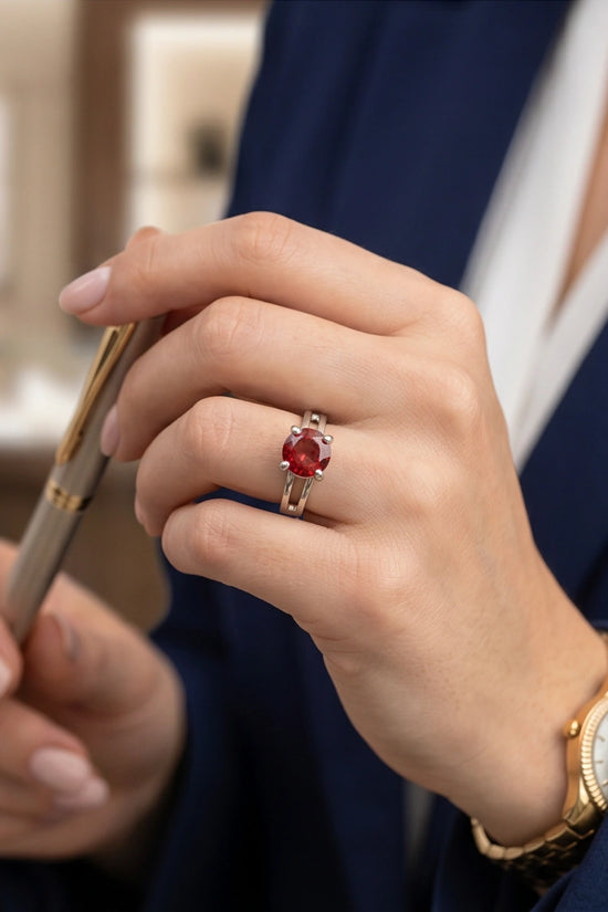 Sterling Silver Round-Cut Split Shank Garnet Red Solitaire Ring