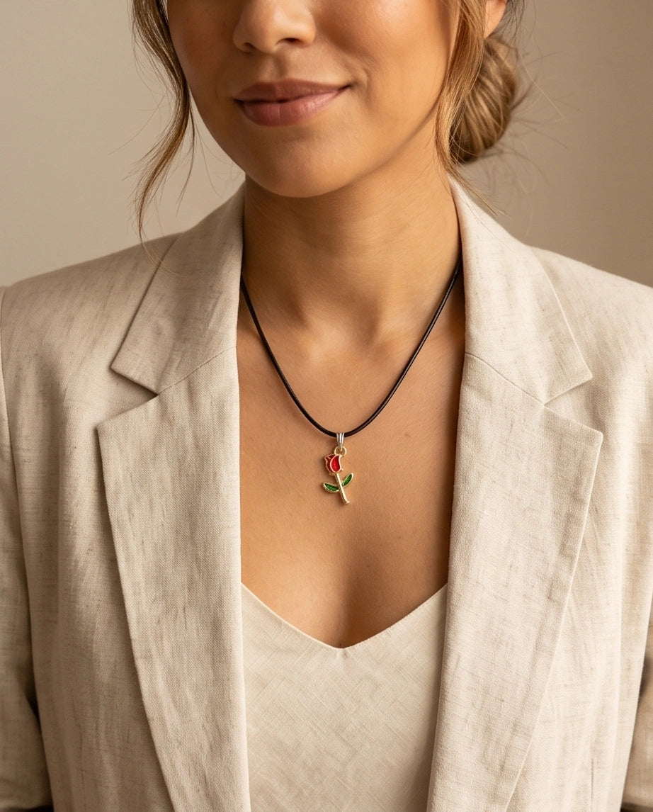 Gold and Red Rose Pendant Necklace
