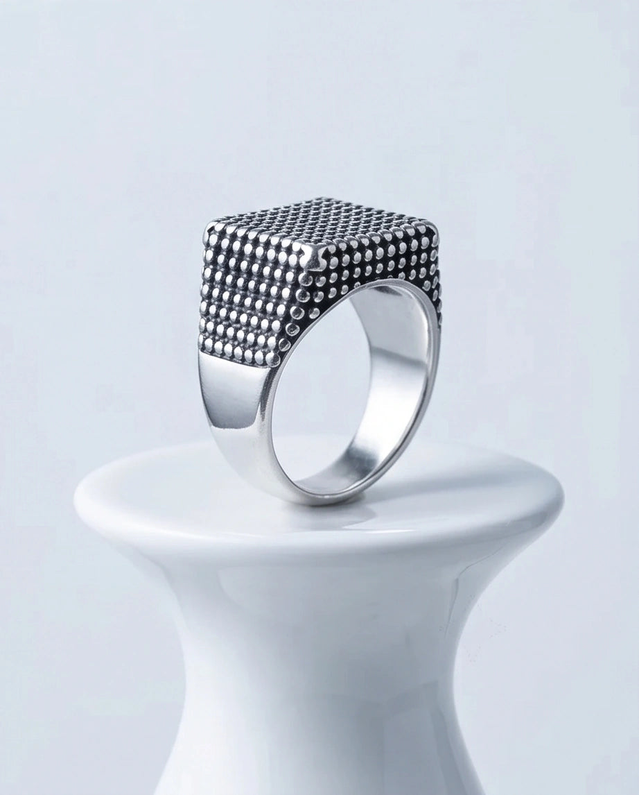 Vintage Sterling Silver Industrial Micro-Beaded Signet Ring