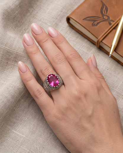 Magenta Oval-Cut Gemstone Ornate Filigree Silver Ring