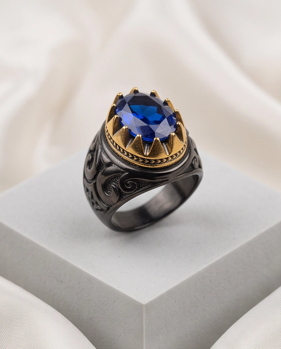 Royal Sapphire Crowned Filigree Signet Ring