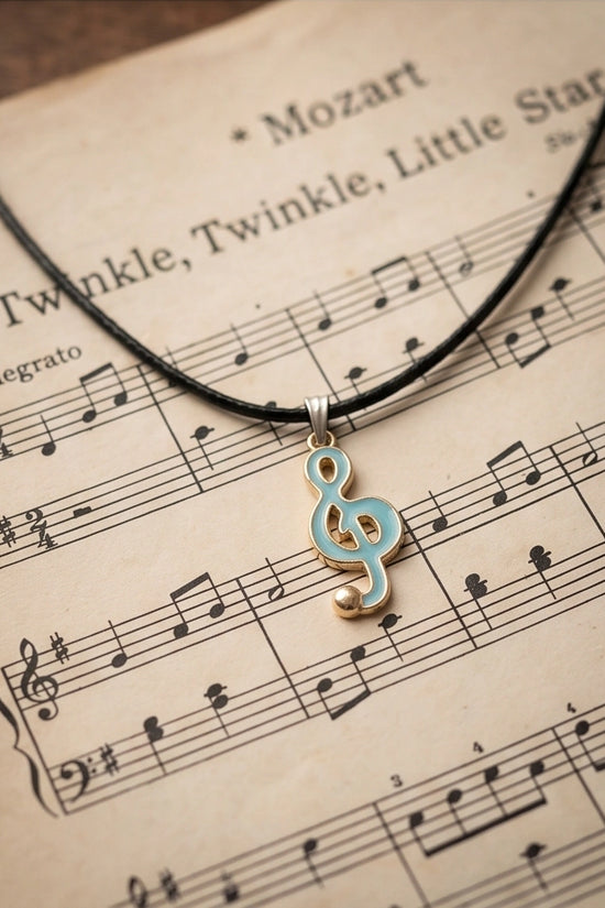 Gold and Light Blue Treble Clef Necklace